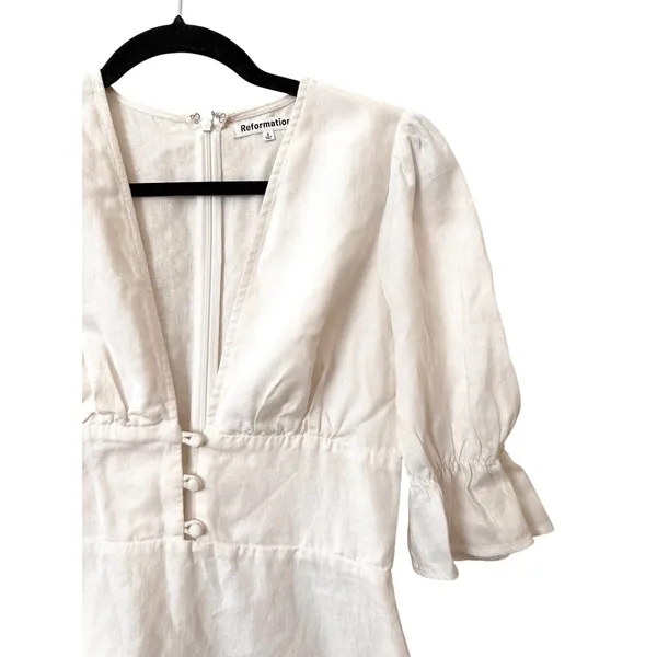 REFORMATION Simi Linen V-Neck Mini Dress White Sz 2 - Image 4