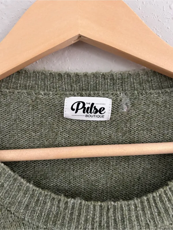 Pulse Olive Green Crewneck Sweater with Stripes Casual Fall Comfy XL - Image 2