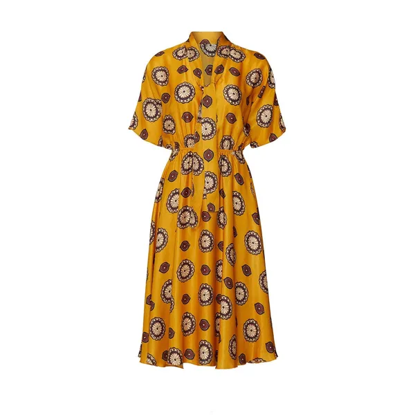 Nissa Marigold Medallion Print Silk Blend Short Sleeve A-Line Midi Dress Size 8 - Image 7