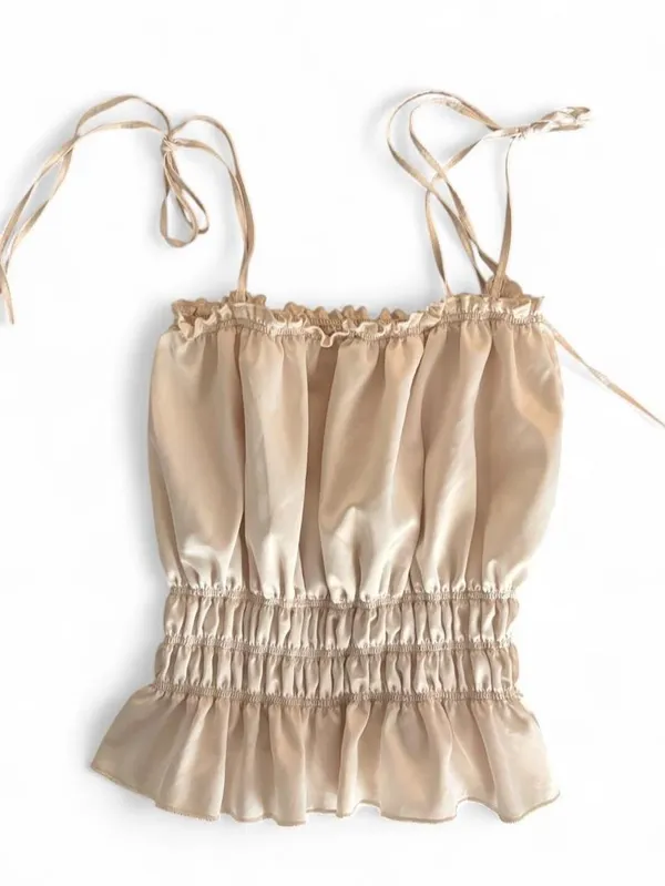 Zara Champagne Satin Smocked Tie Strap Ruffle Camisole Top Medium - Image 4