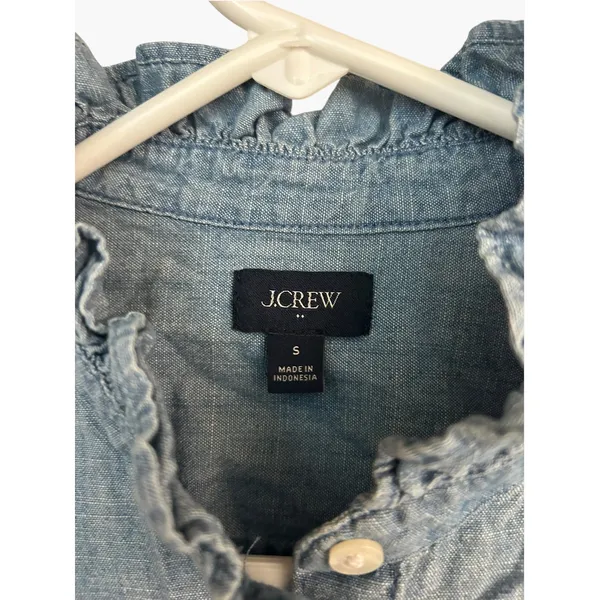 J.Crew Womens Blue Chambray Ruffle Neck Button Down Shirt Long Sleeve Small - Image 2