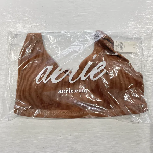 New Aerie Offline Ribbed Plunge Double Strap Mesh Back Sports Bra Brown Size Small - Image 19