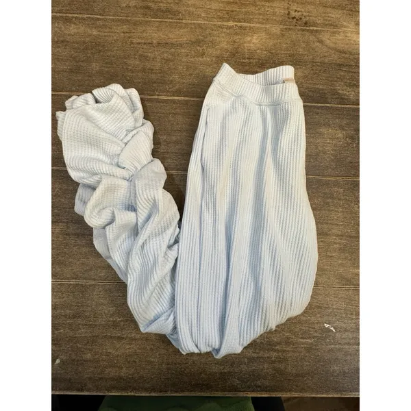 Staple & Hue Freya Pants Sky Blue Waffle Knit Ruched Leg Thermal Size Large - Image 4