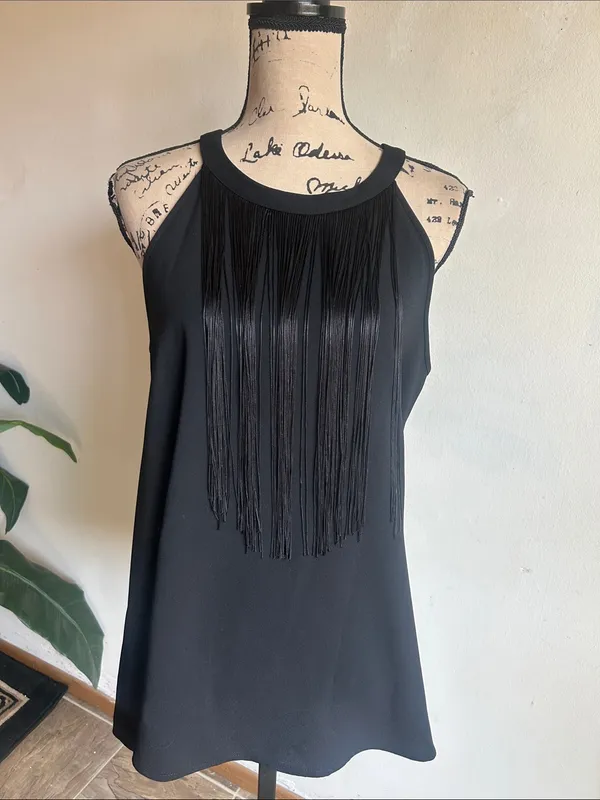 Alfani Sleeveless Fringe Black Top Size 10 - Image 3