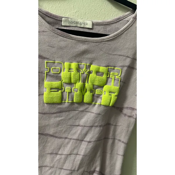 DAYDREAMER Purple Neon Green Tie Dye Baby Tee Style Ribbed Knit Tee size Medium - Image 5