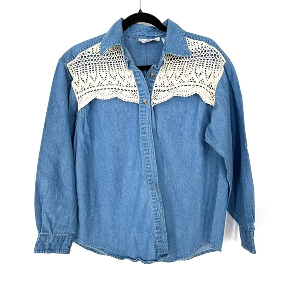 Vintage 90's denim shirt M crochet lace jean button up shirt top Western cowgirl - Image 2