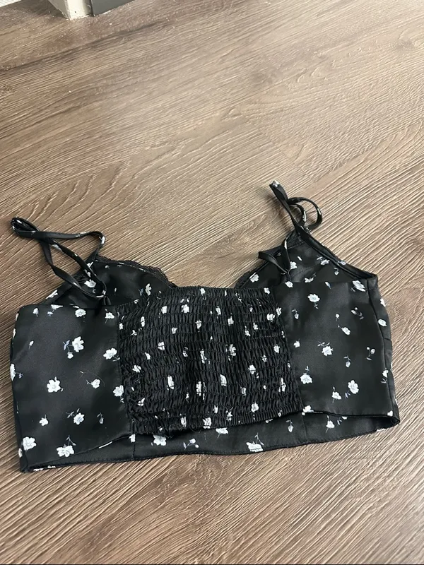 Garage Black Floral Lace Trim Satin Crop Top - Image 3