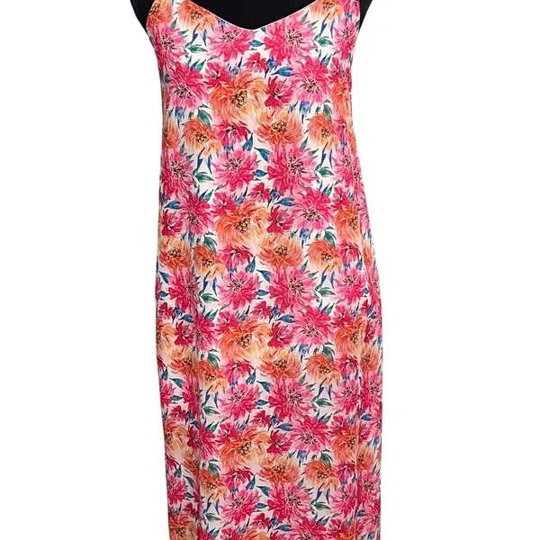 Pink Lily Floral Maxi Slip Dress Pink Orange Adjustable Strap Side Slit V-Neck M - Image 2