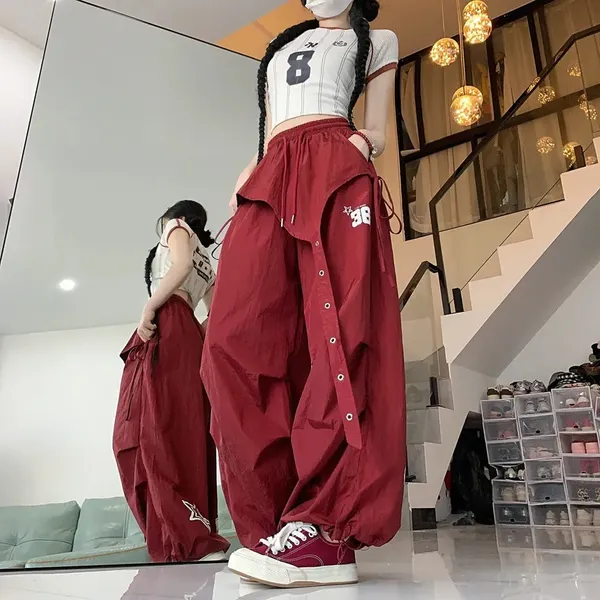 Yesstyle Drawstring Waist Cargo Pants Red - Image 2