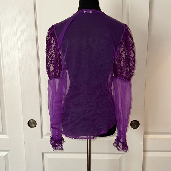 Vtg Purple Sheer Lace Long Sleeve Dainty Cover Up Blouse - Image 3