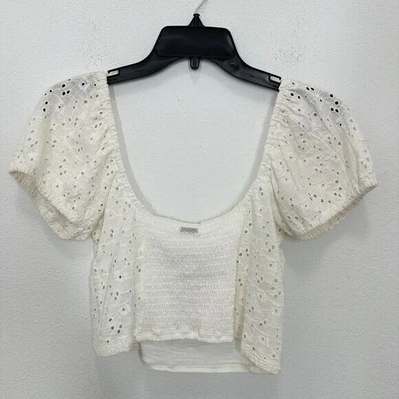 Billabong Festival Cropped‎ Eyelet Puff Sleeves Sweetheart Neckline Summer White - Image 5
