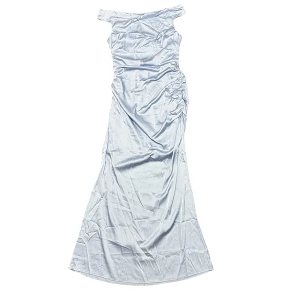 NEW Here Comes the Sun In Blooms Off Shoulder Satin Maxi Dress Blue Large NWT - Image 3