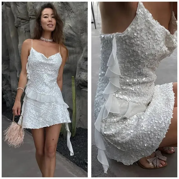 Zara White Sequin Ruffle Slip Mini Dress Size XS Bridal Cocktail 8306/732 - Image 3