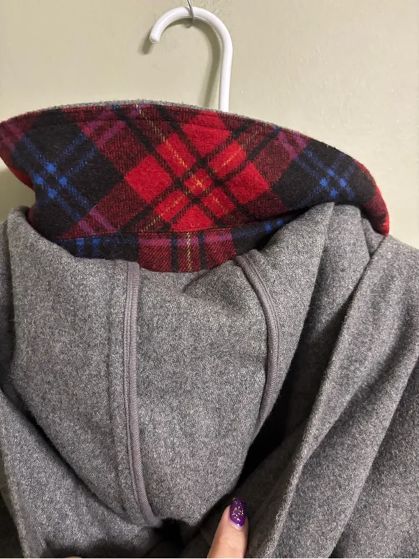 Old Navy Gray Wool Blend Hooded Toggle Pea Coat Red Plaid Trim Size Large - Image 3