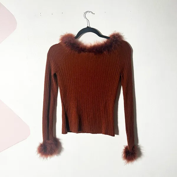 Vtg y2k 2000s Fur Trim Top Medium Brown Ribbed Retro Vintage - Image 2