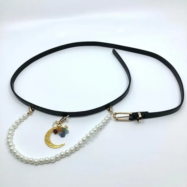 Y2K Celestial Black Faux Leather Pearl Moon Belt, Fits 33–35 Inches, X7GA1232 - Image 6
