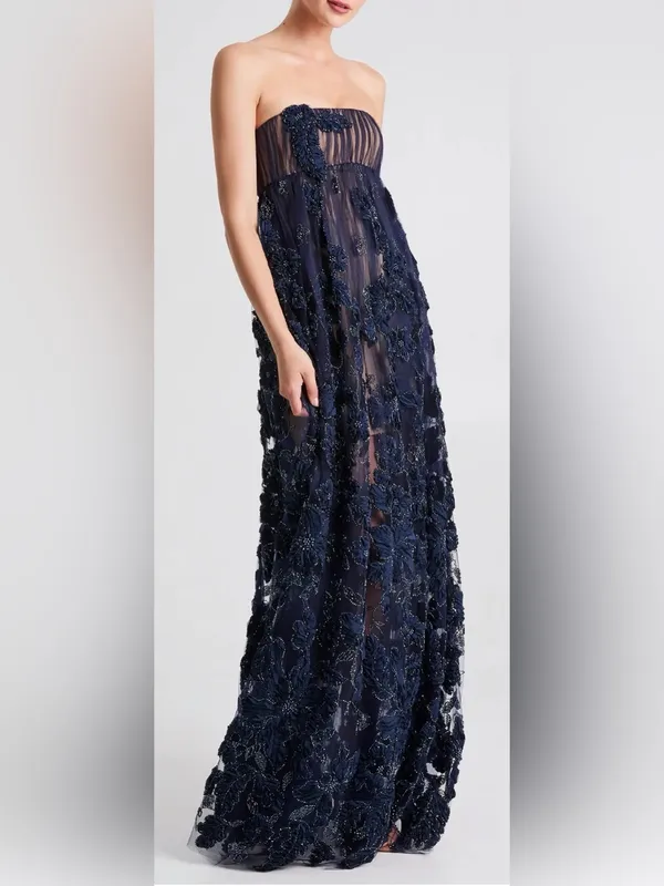 NEW HELSI Beatrice Strapless 3D Embellished Floral Sheer navy Gown sz XS - Image 3