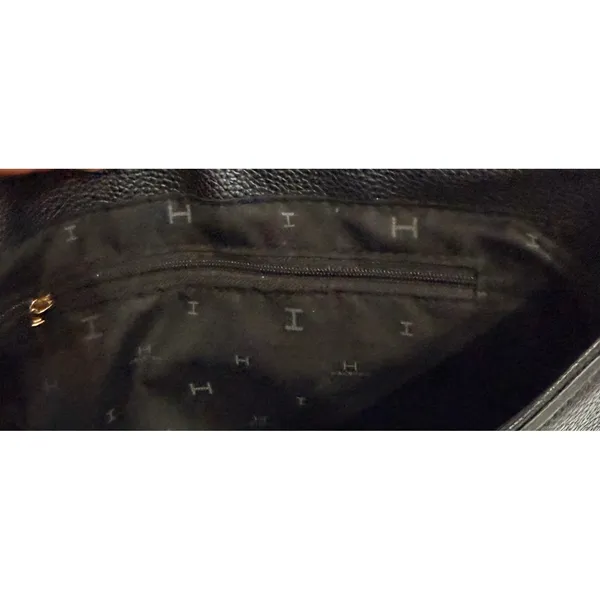 Halston Black Pebbled Faux Leather Crossbody Shoulder Bag Logo Strap Gold Tone - Image 6