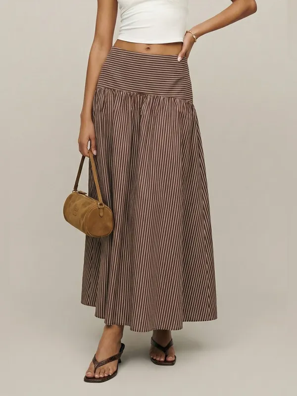 NWT Few Moda Vashti Skirt size 2 Coffee Brown Stripe maxi o.p.t cotton - Image 2
