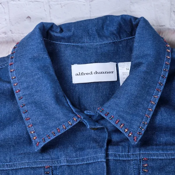 Alfred Dunner Womens Blue Denim Vest‎ Floral Embroidered Beaded Size 14 Indigo - Image 3