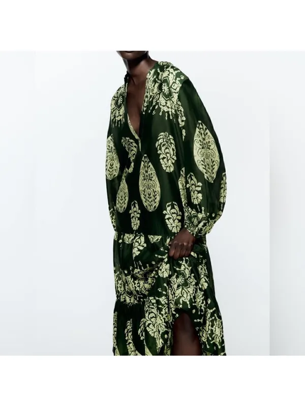 Zara Dark Green Midi Dress with Light Green Botanical Print - Image 6