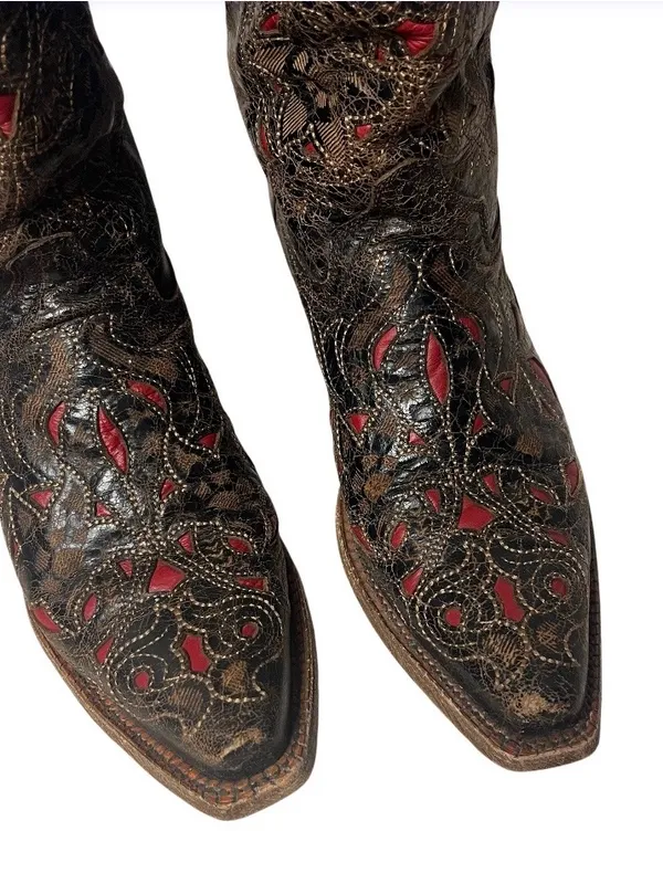 CORRAL Black Crackle Red Inlay Snip Toe Western Cowboy Boots Size 8M A1951 - Image 3