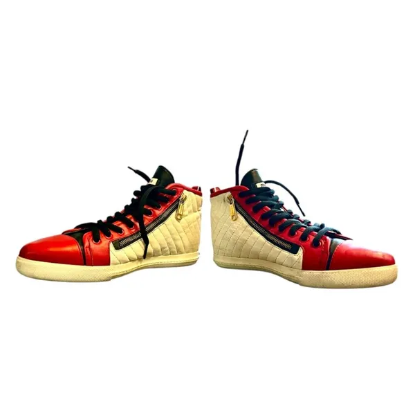 Miu Miu Prada Red White & Black Pointed Toe High Top Nappa Biker Sneakers - Image 6