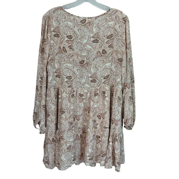 Bohme Womens Paisley Tiered Babydoll Mini‎ Dress Tan Brown V-Neck Rayon FD6018 M - Image 9