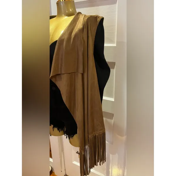 A.N.A Tan Faux Suede Fringe Vest - Boho Western Waterfall Draped Front - Size XL - Image 3