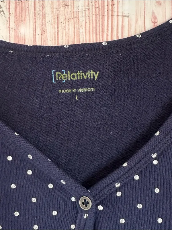 Relativity Navy Blue V Neck Silver Polka Dot Henley T Shirt Size L - Image 4