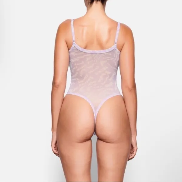 SKIMS Lavender Swirl Mesh Logo Strappy Thong Bodysuit Size S - Image 2