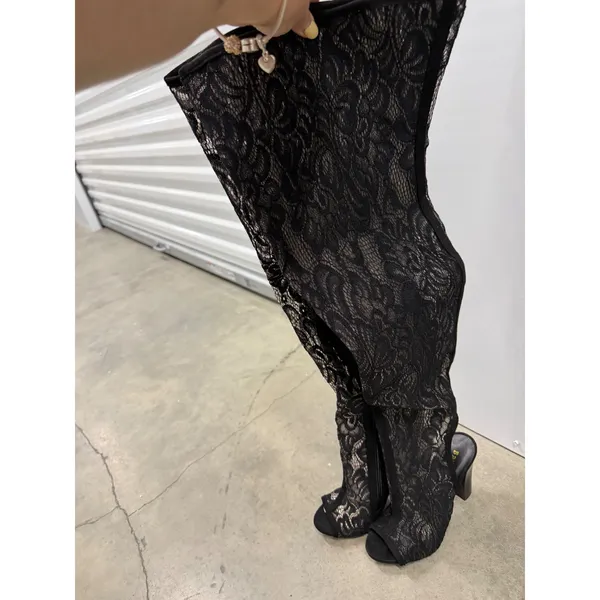 Bamboo Black Floral Lace Thigh High Peep Toe Block Heel Boots Size 7 EU 37 - Image 6