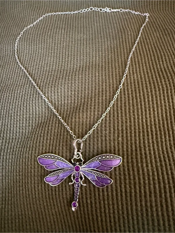 Silver-Tone Purple Dragonfly Pendant Necklace - Women Jewelry - Image 3