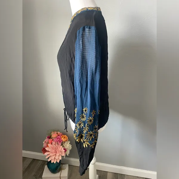 Free People Black & Blue Gold Embroidered Boho Blouse Top - Image 3