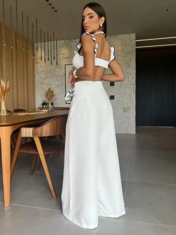 Chic Me brand White High-Waist wide leg pants & crop set with Navy detail. NIB - Image 2