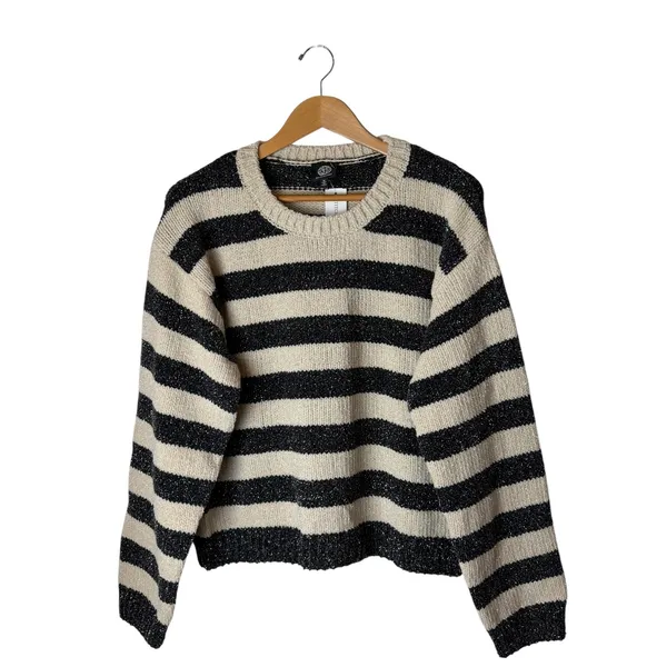Bobeau Chenille Shine Stripe‎ Sweater Women Medium Ivory Black NWT Metallic Knit - Image 2