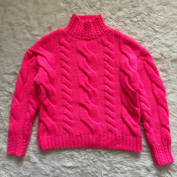 Anthropologie Sweater Mock Neck Cable-Knit Long Sleeve Neon Pink XXS - Image 3