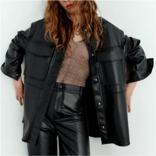 Zara Faux Leather Overshirt, Shacket In Black Size M - Image 3