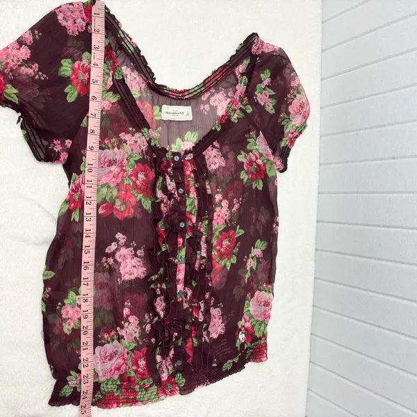 Abercrombie & Fitch Burgundy Maroon Floral Sheer Blouse‎ Boho Size L - Image 7