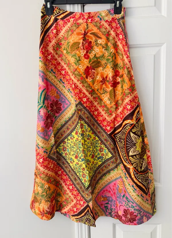 Farm Rio Mixed Scarves Satin Slip Midi Skirt, Size XS - Image 6