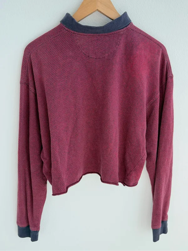Vintage IZOD Polo Shirt Red Navy Distressed Cropped Long Sleeve 100% Cotton - Image 7