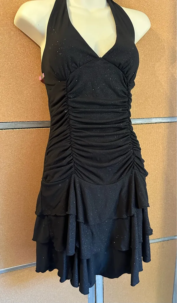 La Belle Vintage Y2K Black Glitter Ruched Halter Tiered Dress Medium Homecoming - Image 6