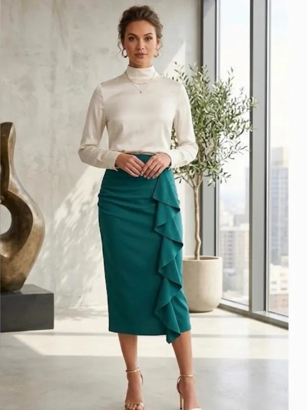 Emerald Green Ruffle-Front Pencil Skirt - Image 7
