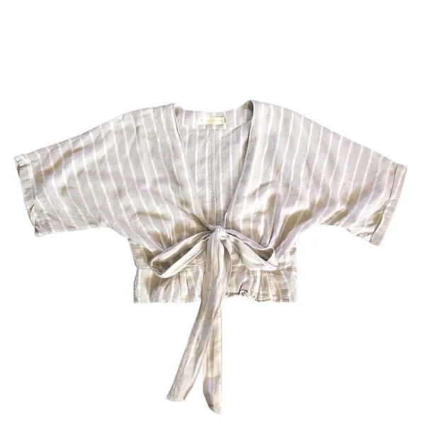 Happy x Nature Beige Tan Striped Linen Blouse Women’s Top Size Small - Image 4