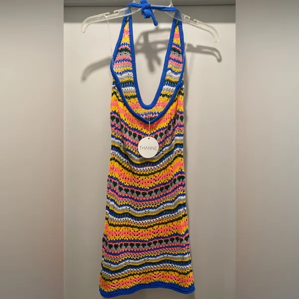 NWT THANNE Multicolor Striped Crochet Knit Unlined Halter Tie Mini Dress - Image 9