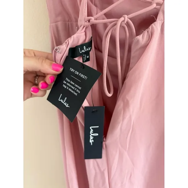 Lulus Priela Pink Ruffled Lace-Up Maxi Dress Size Medium NWT Whimsical Formal - Image 6