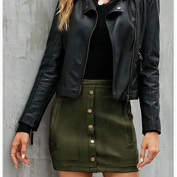 Naggoo Women's Size‎ Medium High Waist Mini Skirt Army Green Faux Suede Button - Image 13