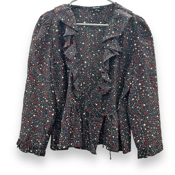 Madewell Silk‎ Ruffle-Hem Wrap Long Sleeve Top in Starry Night Size M - Image 2