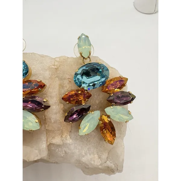 Colorful‎ Rhinestone Dangle Drop Gold Tone Earrings Pierced Statement Heavy - Image 4