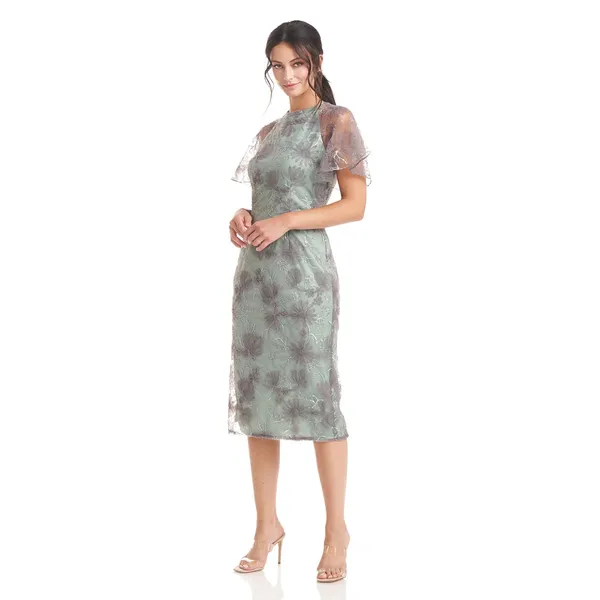 JS Collections Remy Sage Embroidered Flutter Sleeve Sheath Cocktail Midi Dress 6 - Image 2